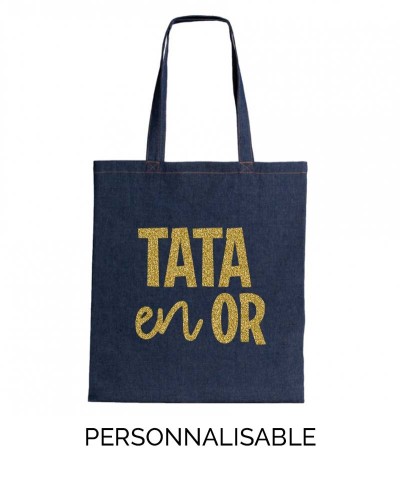 Tote Bag Denim à paillette - Tata en Or - Personnalisable - Pilou et Lilou