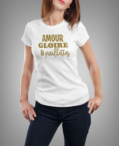 T-shirt femme à paillette Amour gloire et paillettes