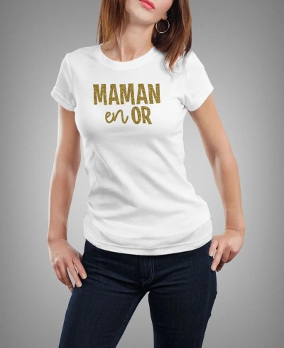 T-shirt femme à paillette Maman en or