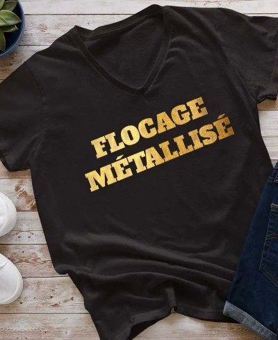 T-shirt femme COL V flocage métallisé